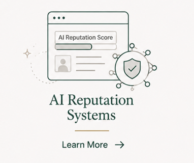 Illustration of AI reputation system interface with shield and checkmark, with text 'AI Reputation Systems' and 'Learn More' button.