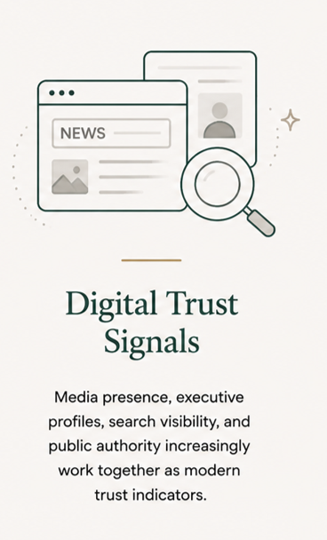 Illustration of a web browser window with news and image content, a user profile, and a magnifying glass, representing digital trust signals.