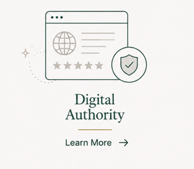 Digital illustration of a web browser window with a globe icon, stars, and a shield with a checkmark, labeled 'Digital Authority' and a 'Learn More' link.