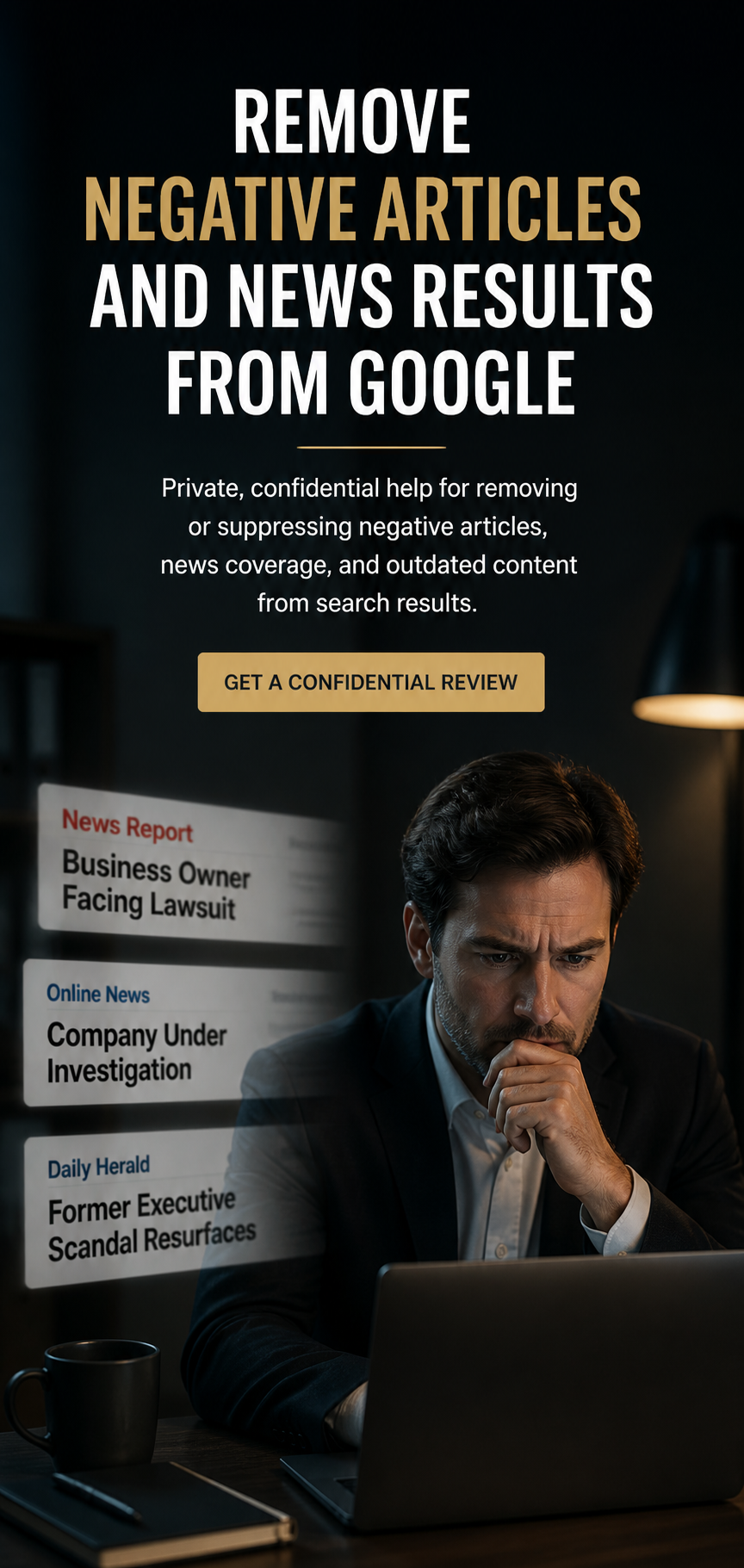 Person reviewing negative news articles about them in search results