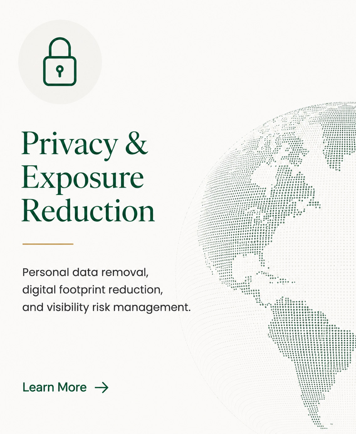 Privacy and Exposure Reduction service card focused on personal data removal, digital footprint reduction, and visibility risk management.