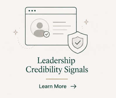 Digital graphic with a computer window displaying a user profile icon, a shield emblem, and the text 'Leadership Credibility Signals' with a 'Learn More' button.