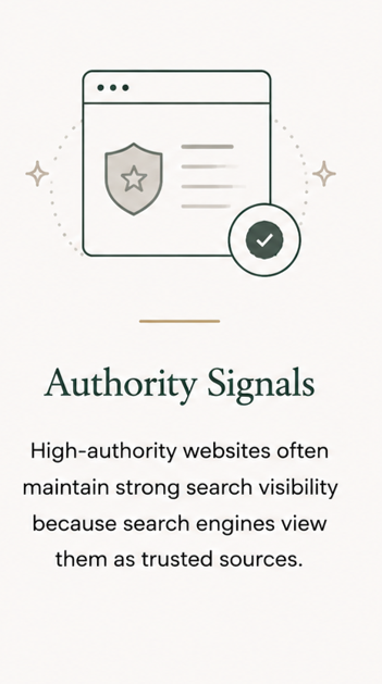 Illustration of a web browser window with a shield and star icon, a checkmark in a circle, and text about authority signals and search engine trust.
