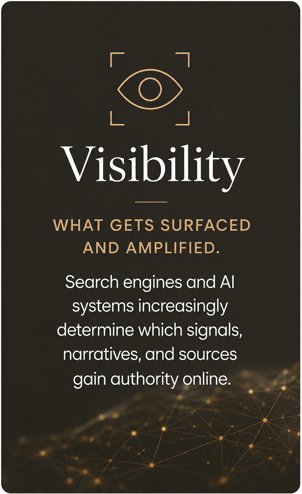Digital Trust & Visibility visibility pillar graphic representing how search engines and AI systems amplify signals, narratives, and online authority.