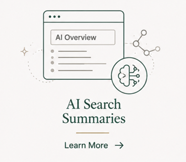 Graphic of a webpage titled 'AI Overview' with a brain icon and text 'AI Search Summaries' and a 'Learn More' button.