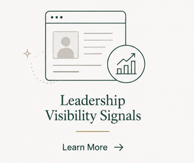 Illustration of a web profile with an upward graph, labeled 'Leadership Visibility Signals,' and a 'Learn More' button.