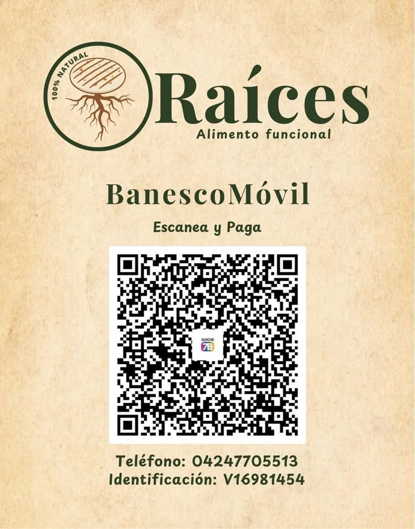 Tarjeta de presentación para un servicio llamado Raíces, que ofrece alimentos funcionales naturales y un billetero móvil para escanear y pagar, con un código QR y un número de teléfono.