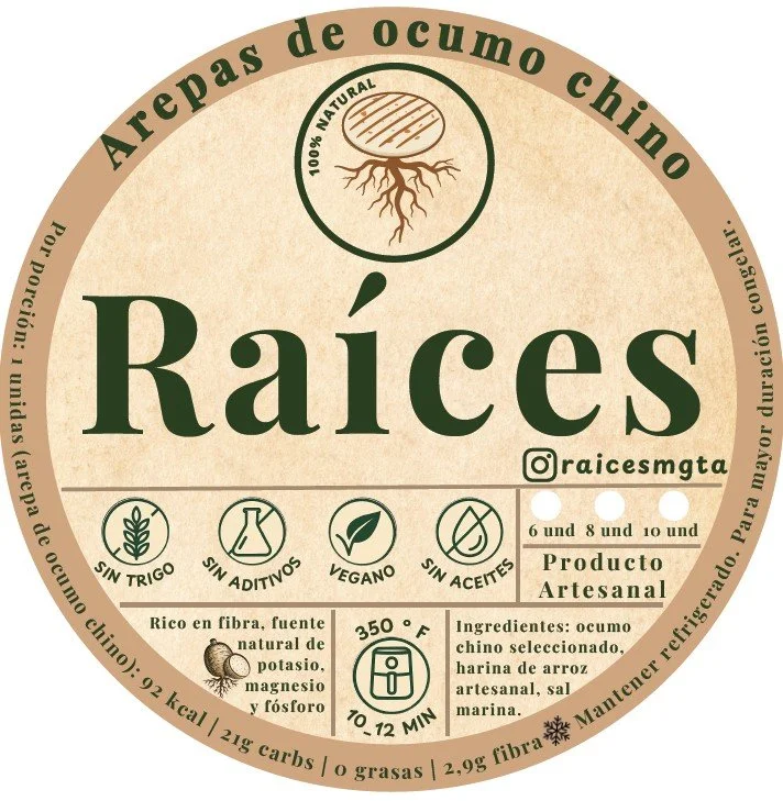 Etiqueta de producto de raíces de ocumo chino envasadas, con información sobre ingredientes naturales, sin trigo, sin aditivos, vegano y sin aceites, con instrucciones de cocción y detalles nutricionales.