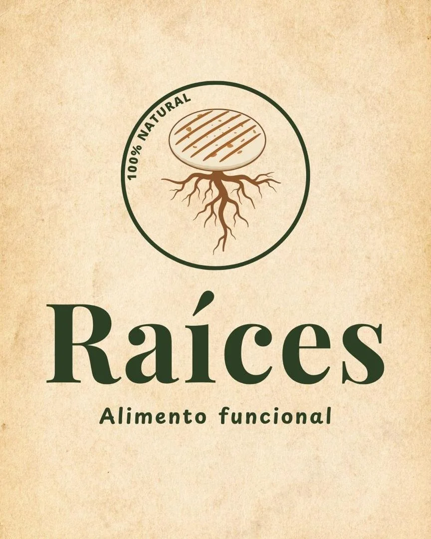 Logo de la marca Raíces con arepa de raíz de malanga, arepas 100% naturales veganas sin gluten en Margarita, Venezuela