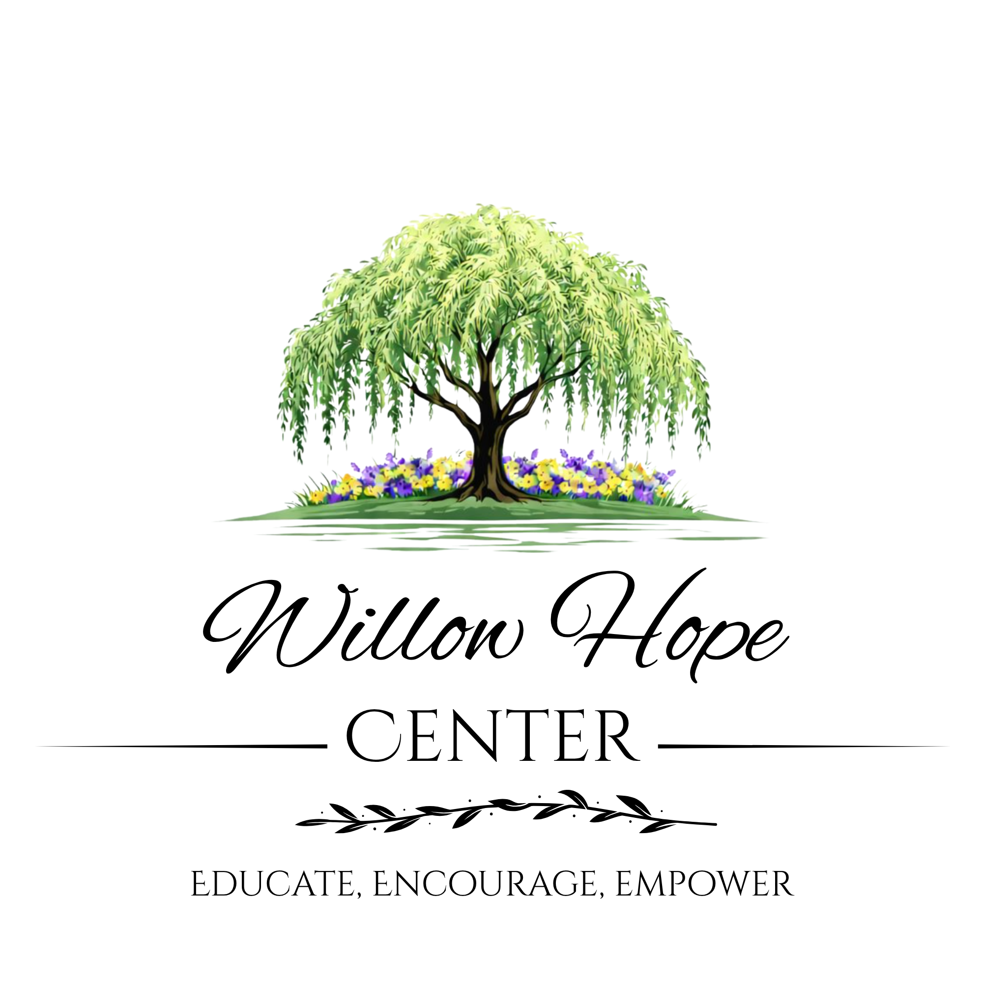 A lush, green weeping willow tree with hanging branches, surrounded by a vibrant flower bed with purple, yellow, and white flowers.