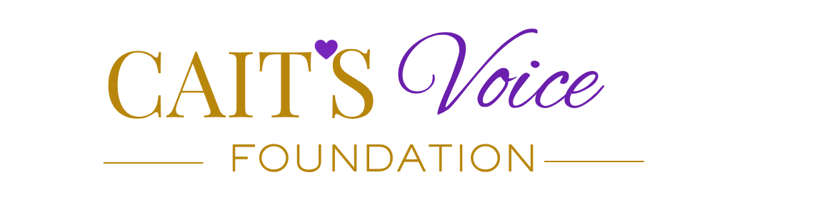 Logo for CAIT'S Voice Foundation, with the words 'CAIT'S' in gold, 'Voice' in purple, and 'FOUNDATION' in gold, with a purple heart dotting the 'I' in 'CAIT'S'.