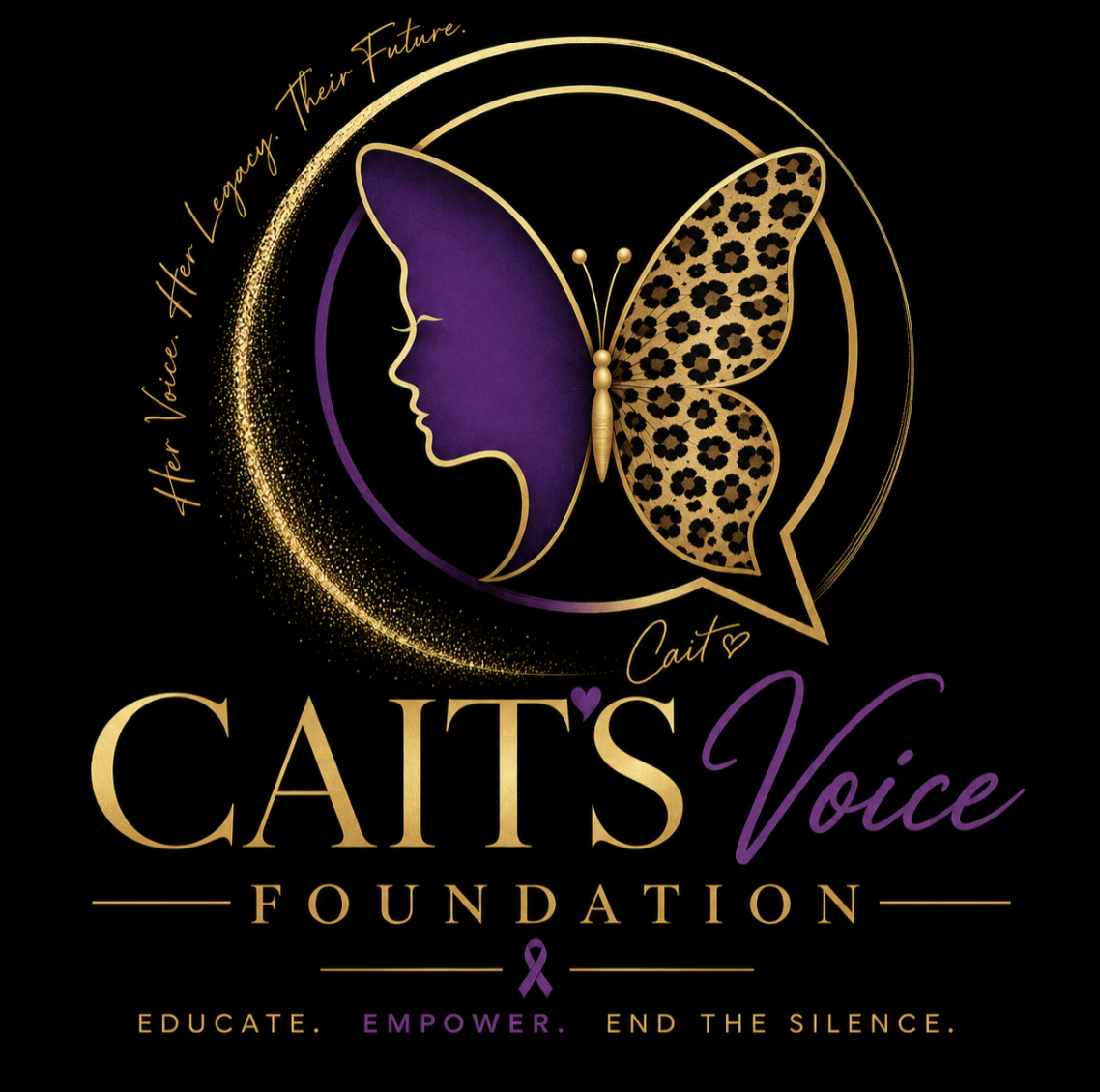 A logo for Cait's Voice Foundation featuring a silhouette of a woman’s face in purple and a butterfly with leopard print wings, gold text that reads 'Cait's Voice Foundation' and a purple ribbon, with the tagline 'Educate. Empower. End the Silence.'