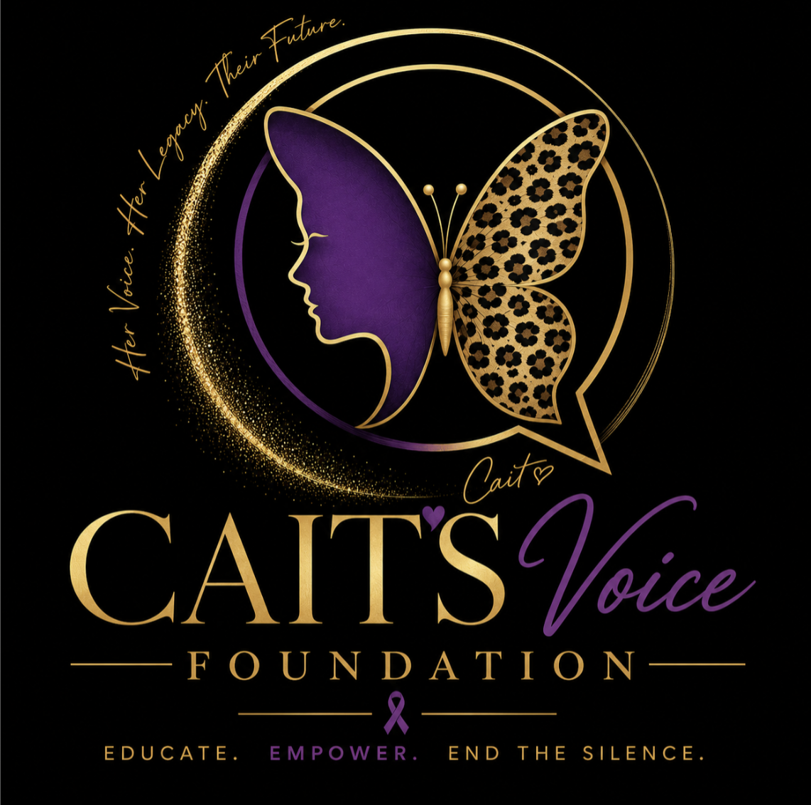 A logo for Cait's Voice Foundation featuring a gold and purple butterfly with a silhouette of a woman's face, accompanied by the text "Cait's Voice Foundation" and the phrases "Educate. Empower. End the Silence." with gold and purple design elements.
