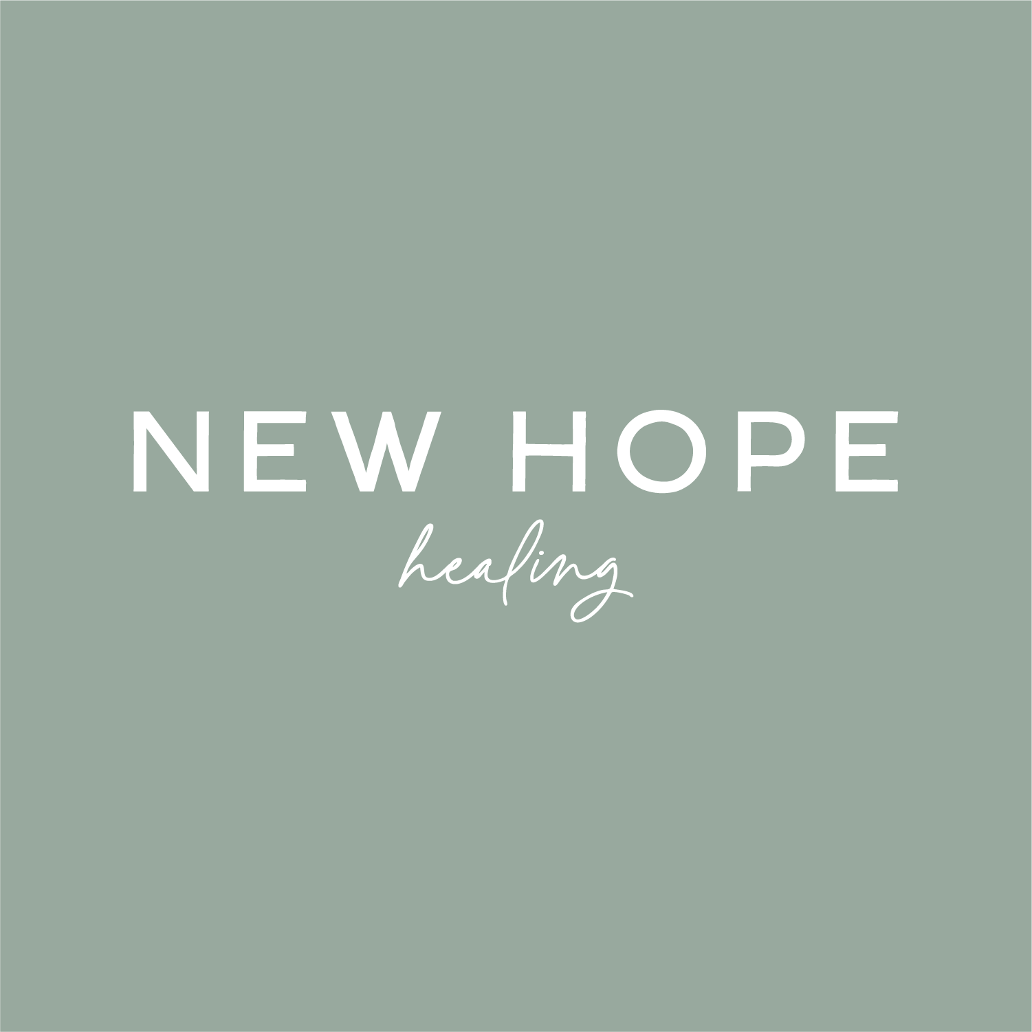 Logo for New Hope Healing with a pale green background and white text that reads 'New Hope' in uppercase and 'healing' in script below.
