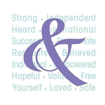 A large purple ampersand symbol on a background of motivational words like strong, independent, heard, inspirational, success, resilient, appreciate, believed, individual, empowered, hopeful, valued, free, yourself, loved, safe.