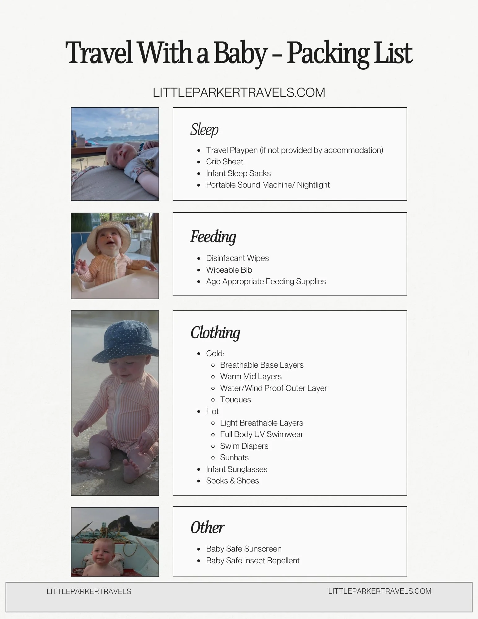 Checklist for traveling with a baby. Includes sections on sleep, feeding, clothing, and other items with photos of babies at the beach and boat.