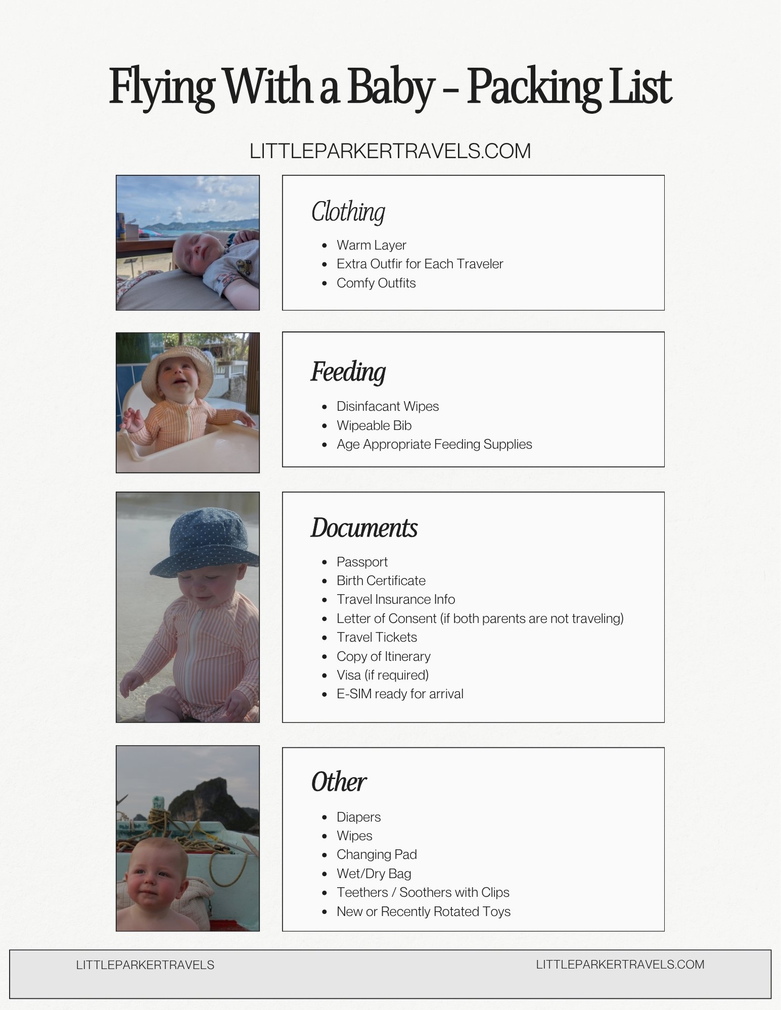 A packing list for flying with a baby, including sections for clothing, feeding, documents, and other essentials, with photos of babies at different travel destinations.