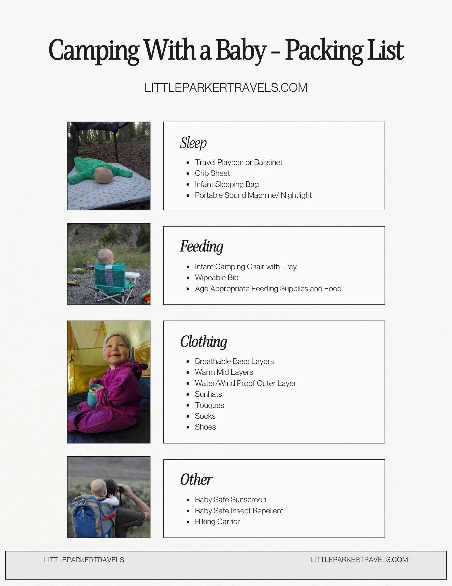 A packing list for camping with a baby, divided into sections: Sleep, Feeding, Clothing, and Other. Each section contains items like travel playpen, infant sleeping bag, breathable layers, and hiking carrier. The list is accompanied by photos of children in outdoor camping settings, including a child laying on a sleeping pad in the woods, a baby in a camping chair, and a toddler sitting on the ground with a backpack.