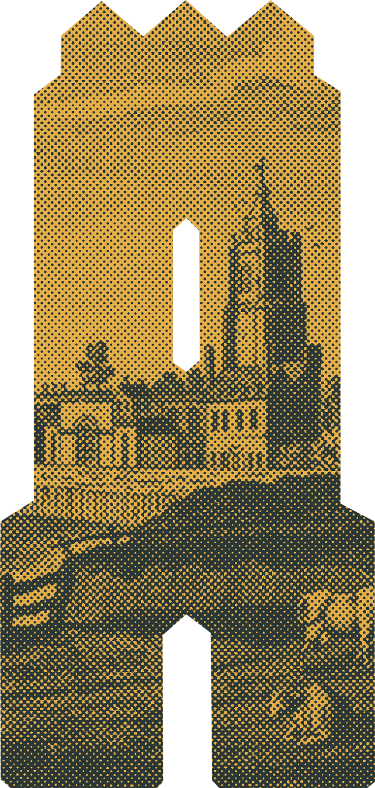 A halftone-style illustration of a tall church with a steeple, surrounded by smaller buildings and trees, with a curved hilly landscape in the foreground.