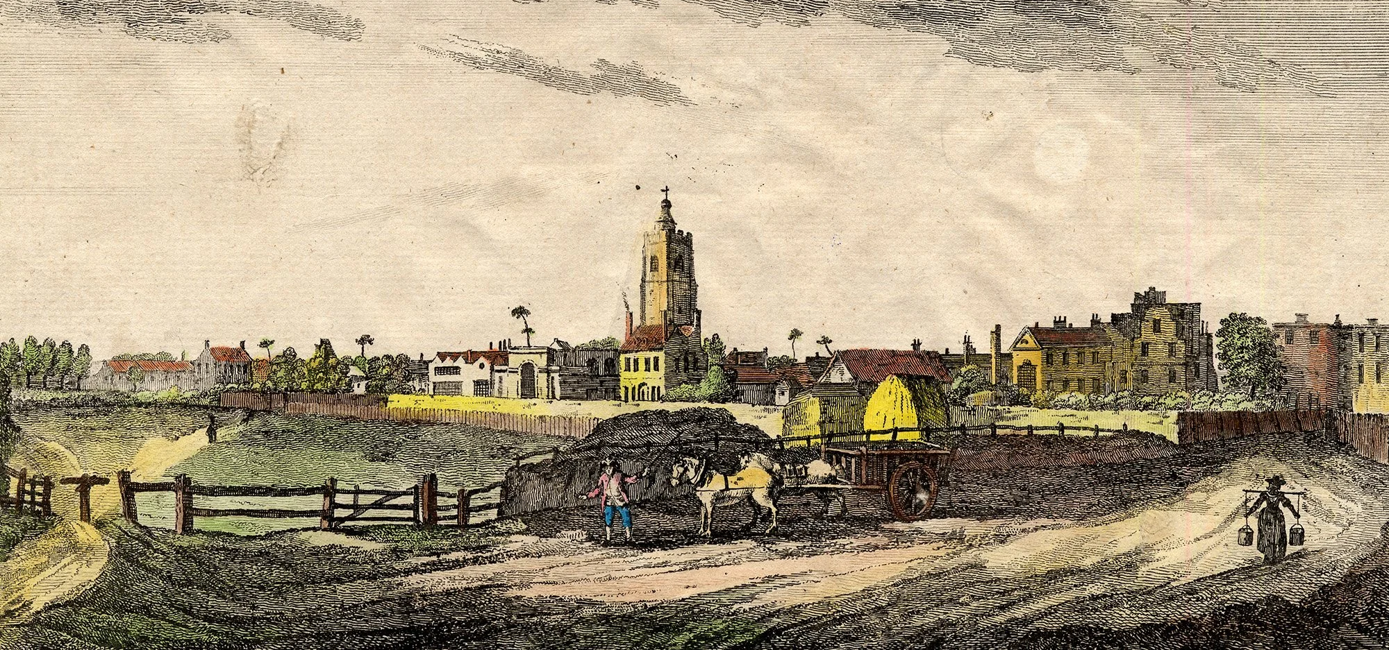 Historical illustration of a small town with a church tower in the center, houses with red roofs, trees, and a dirt road with a woman walking with buckets and a person leading a horse-drawn cart.