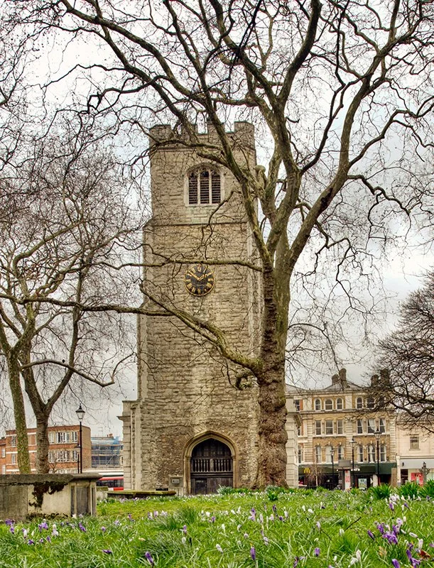 A tall stone clock tower with a large dark wooden door at the base, surrounded by leafless trees and a grassy area with purple and white flowers.