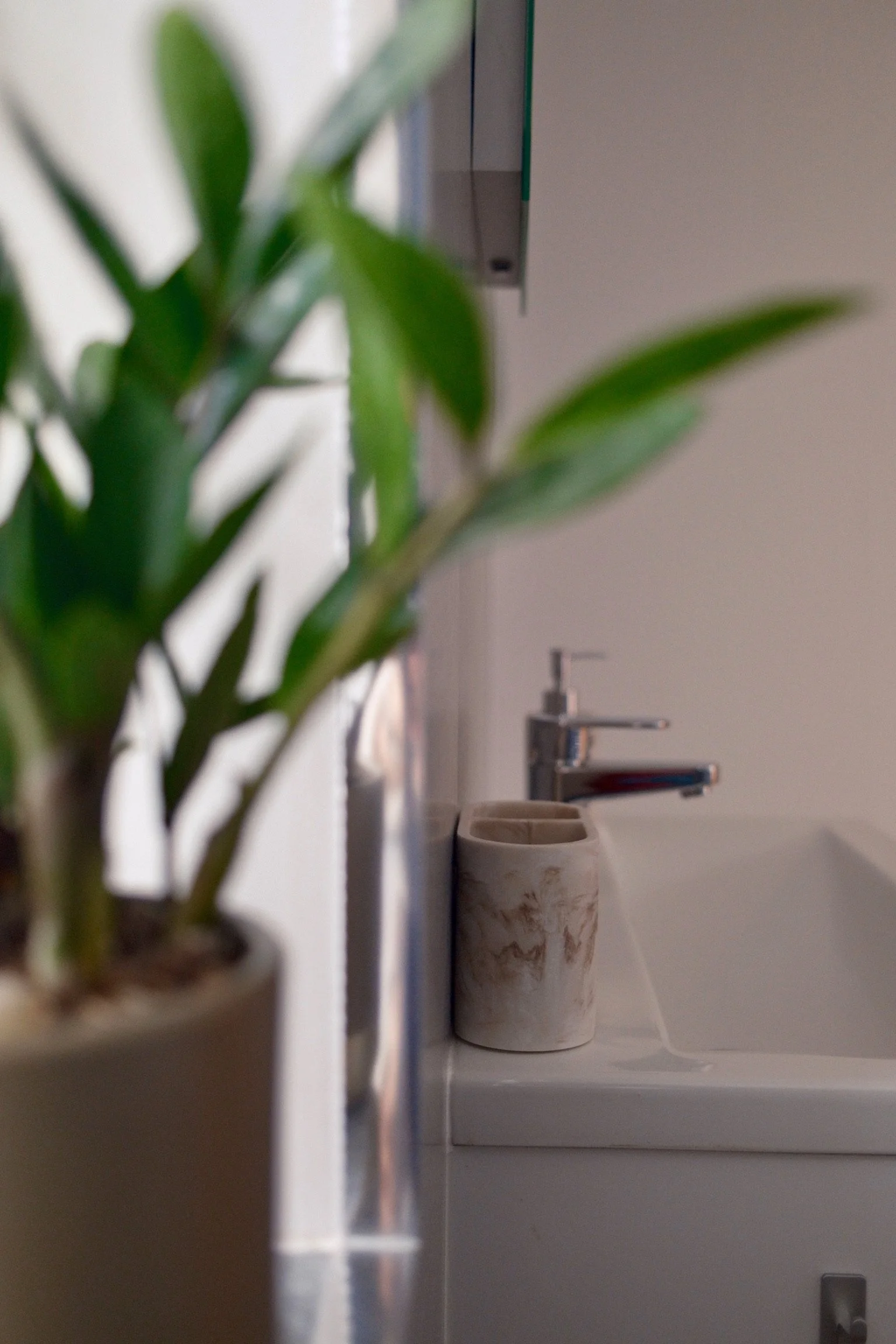 A kitchen with a white countertop, a potted plant with green leaves in the foreground, and a white marble mug on the counter in the background. A faucet is visible in the far background.