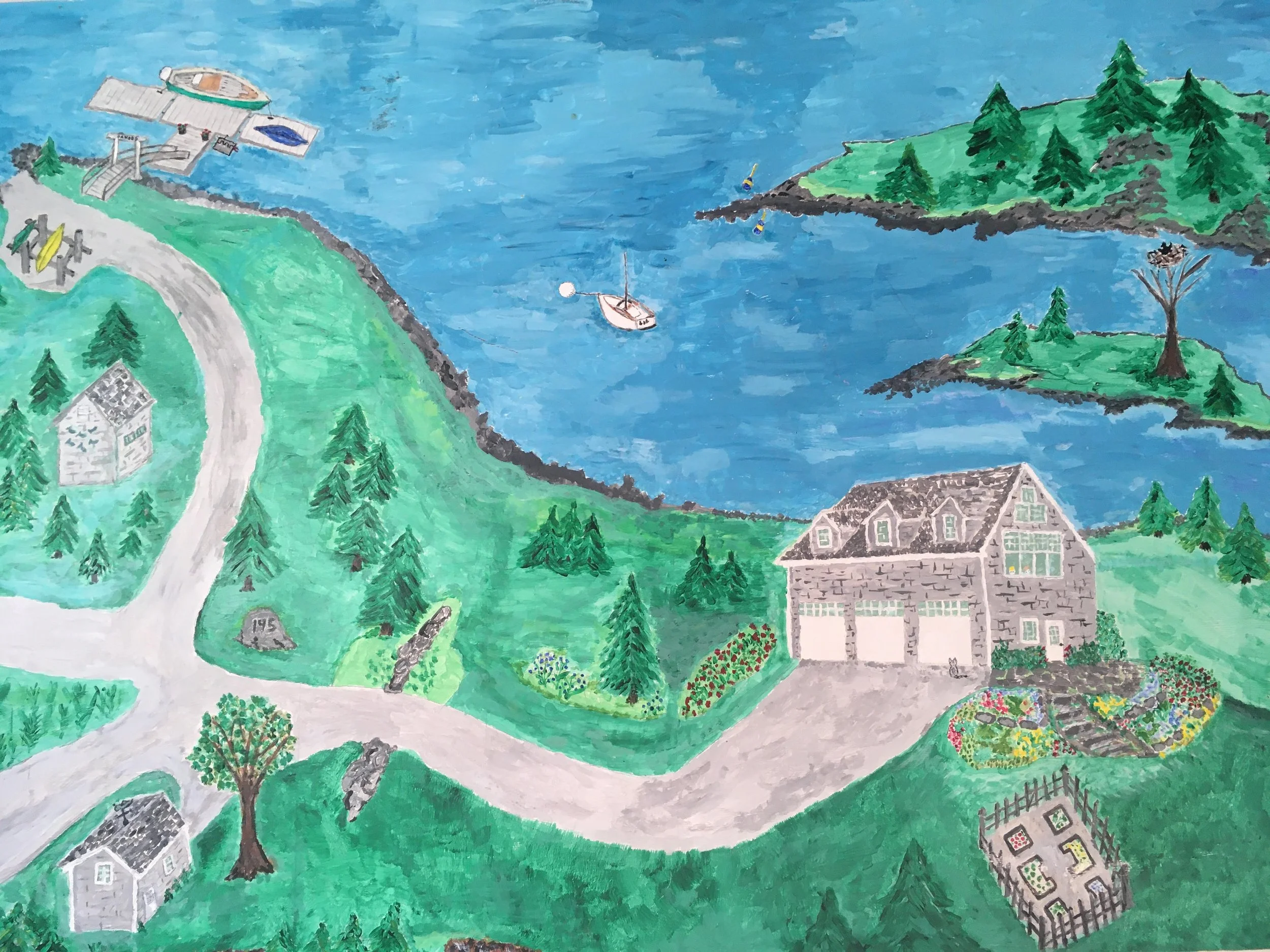 Hand-painted landscape map showing houses, trees, a body of water with boats, a dock, and pathways in a hilly area.