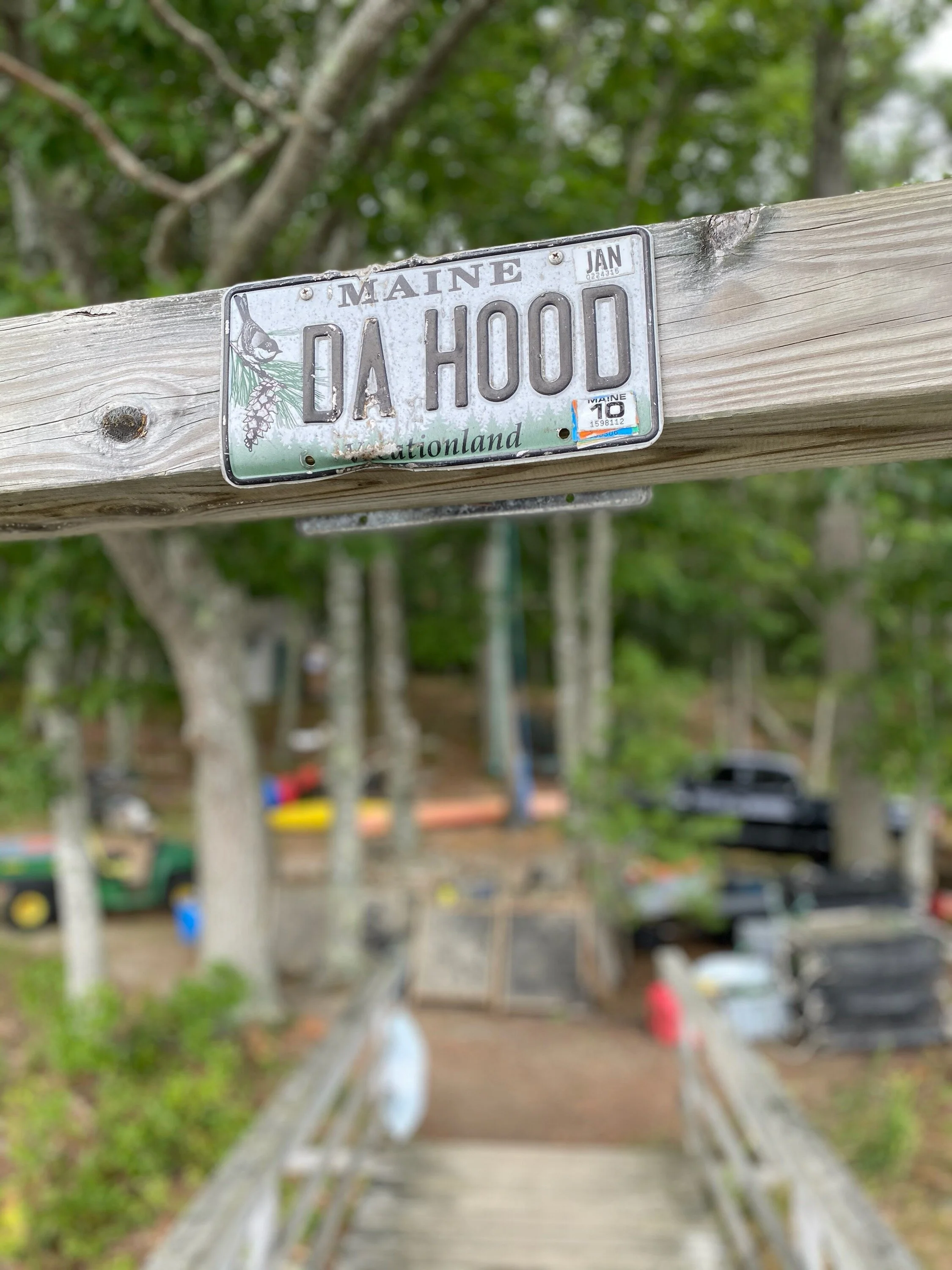 Close-up of a Maine license plate reading 'DA HOOD' mounted on a wooden railing with blurred trees and playground in the background.