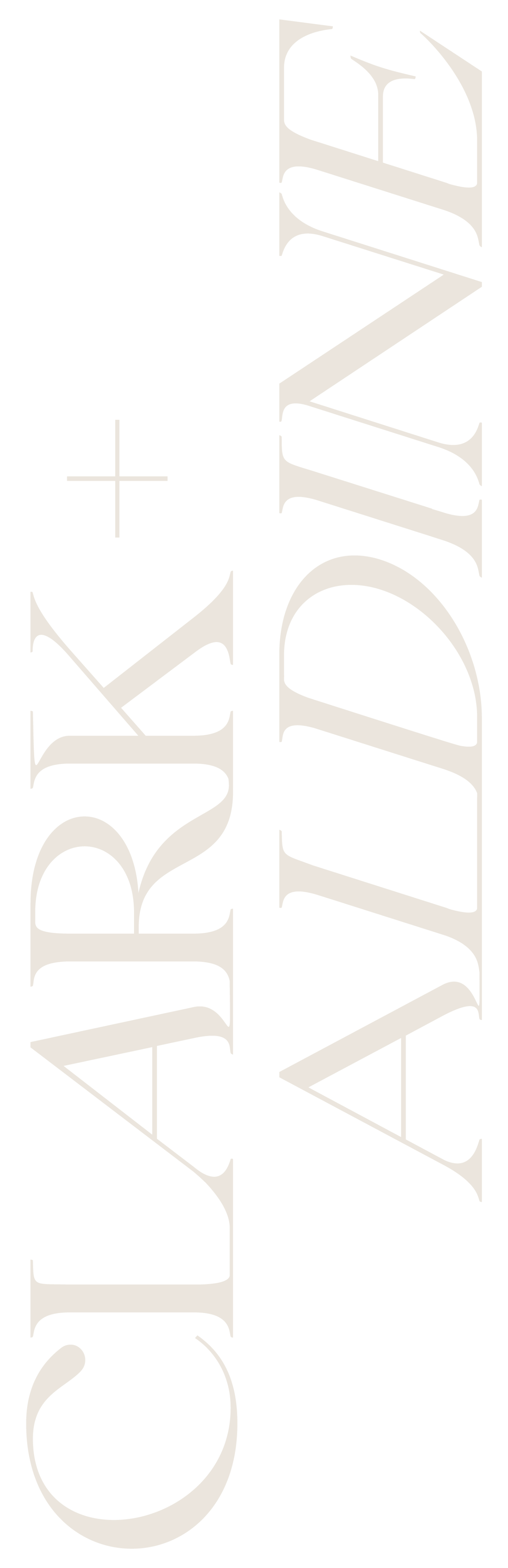 Vertical banner with beige text displaying the words 'Clark and Aldine' arranged in an elevated, editorial font.
