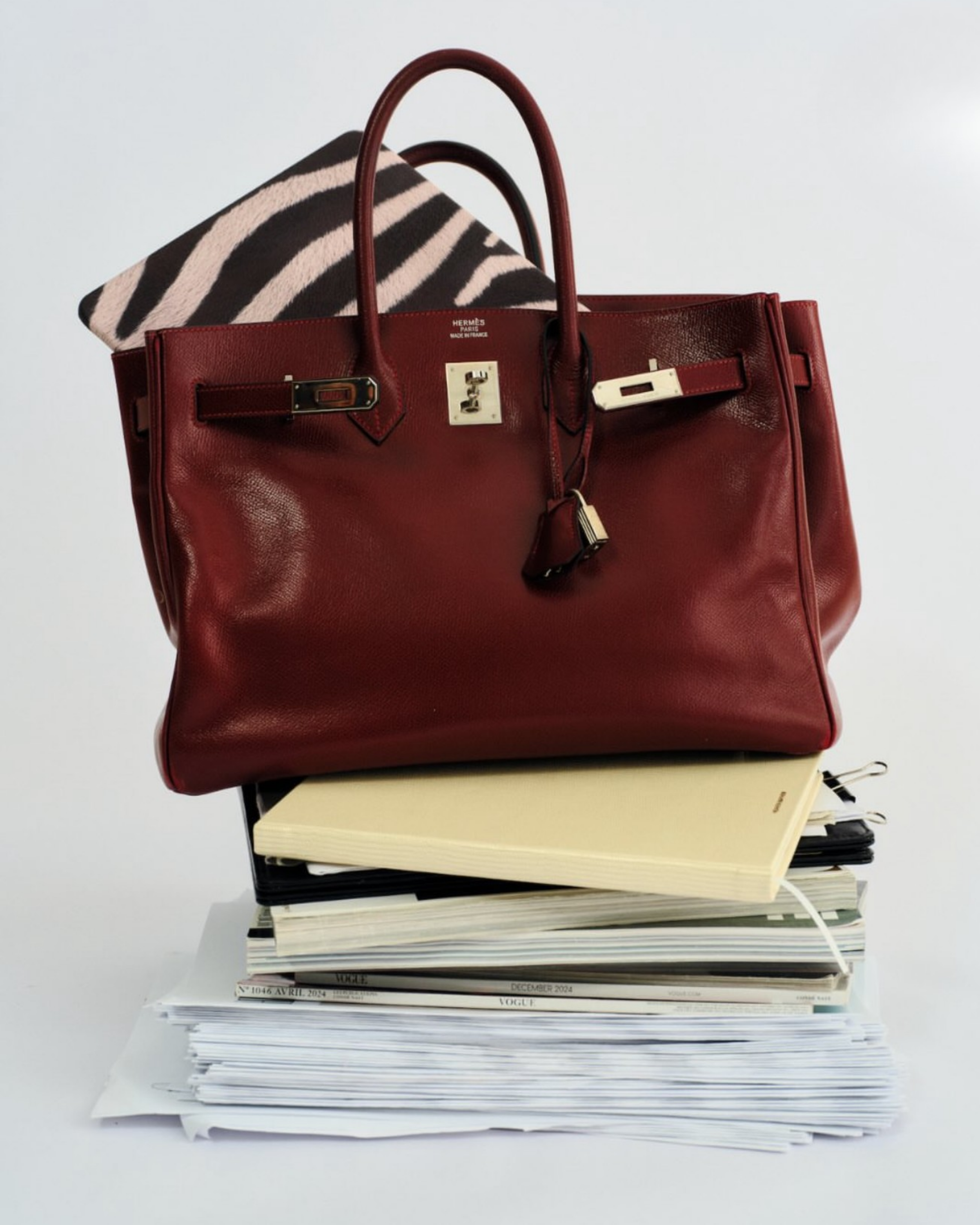 Stack of magazines and papers with a red designer handbag and patterned scarf placed on top, against a plain white background.