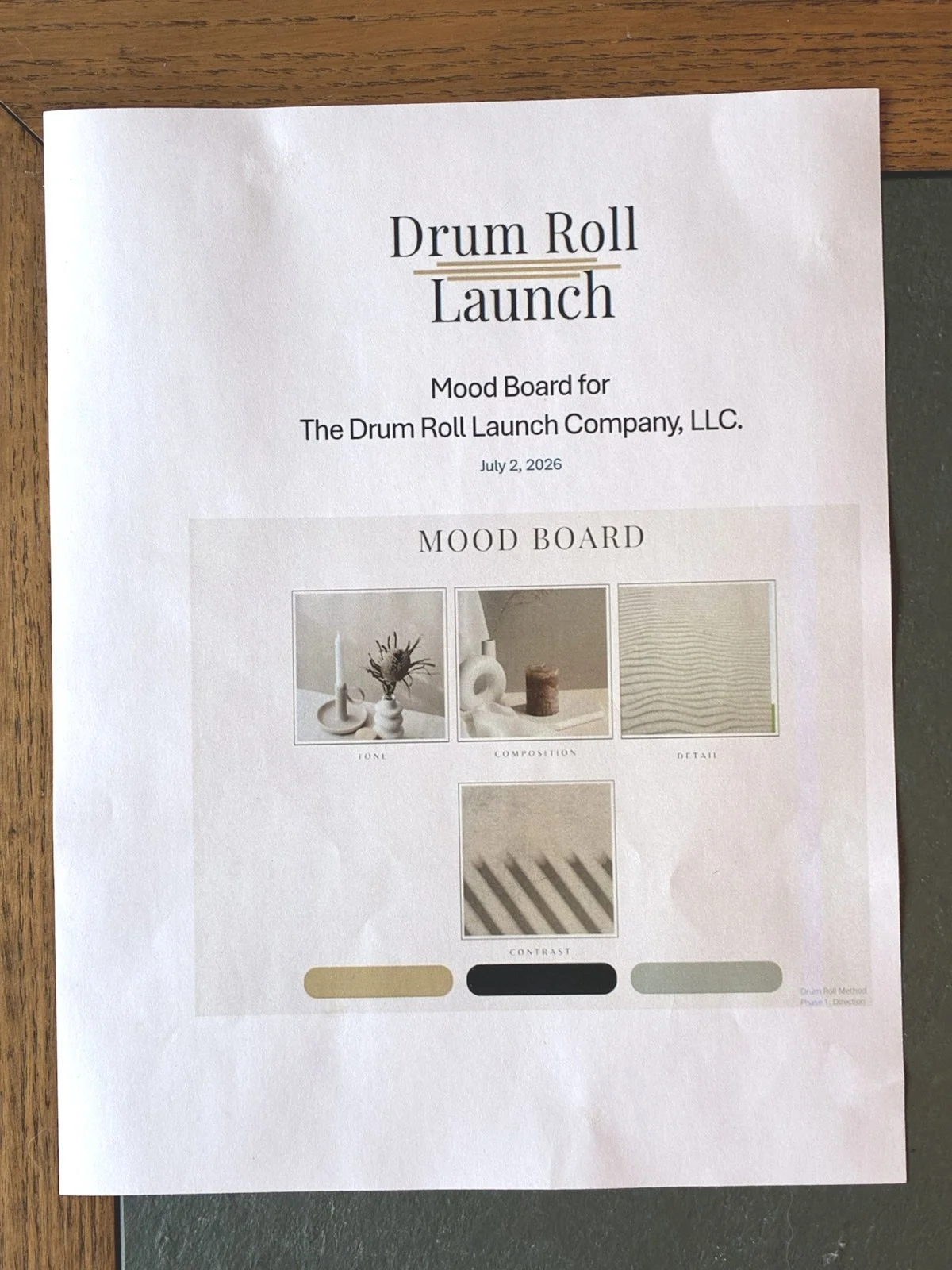 A mood board for the Drum Roll Launch Company, LLC,  featuring images and color swatches categorized into tone, composition, detail, and contrast.