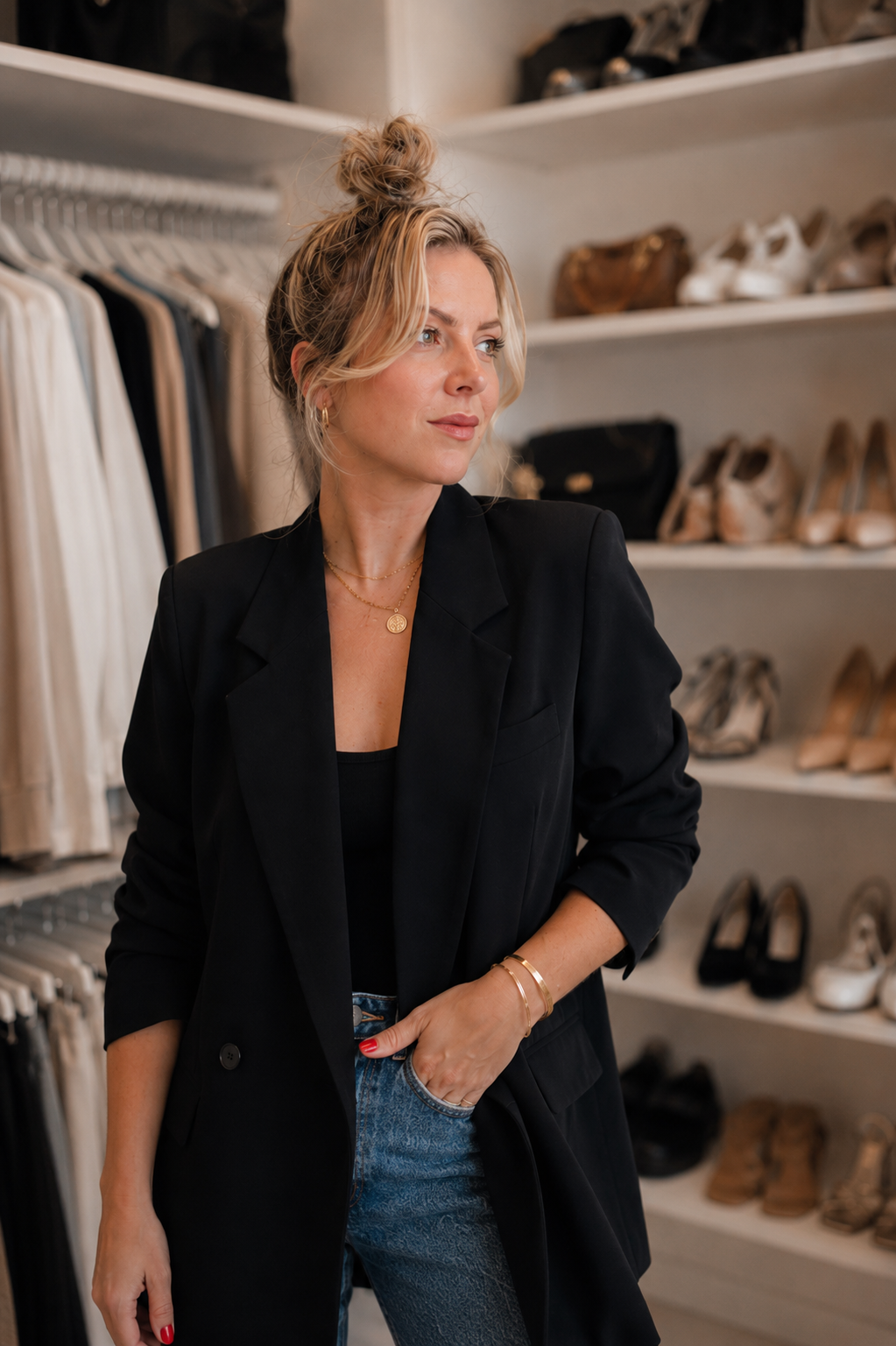 A woman with blonde hair styled in a messy bun wearing a black blazer and jeans standing in a walk-in closet with shoes on shelves behind her.