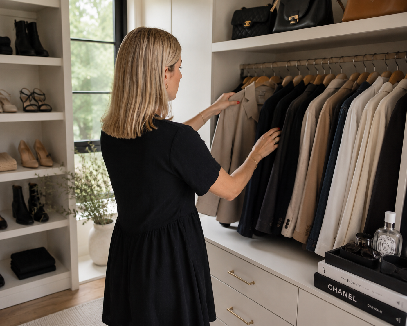 Woman shopping for men's blazers in a walk-in closet with designer accessories and shoes.
