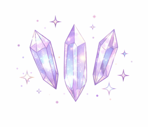 Three lavender-colored, glowing crystal clusters with sparkling star-like effects surrounding them.