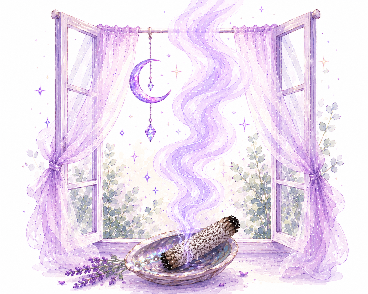 A purple, magical scene viewed through an open window with lavender curtains tied back. Inside, a bundle of sage smudge sticks rests in a dish, with a sprig of lavender nearby. Purple sparkles, stars, and a crescent moon with hanging crystals hang outside, creating a mystical atmosphere.