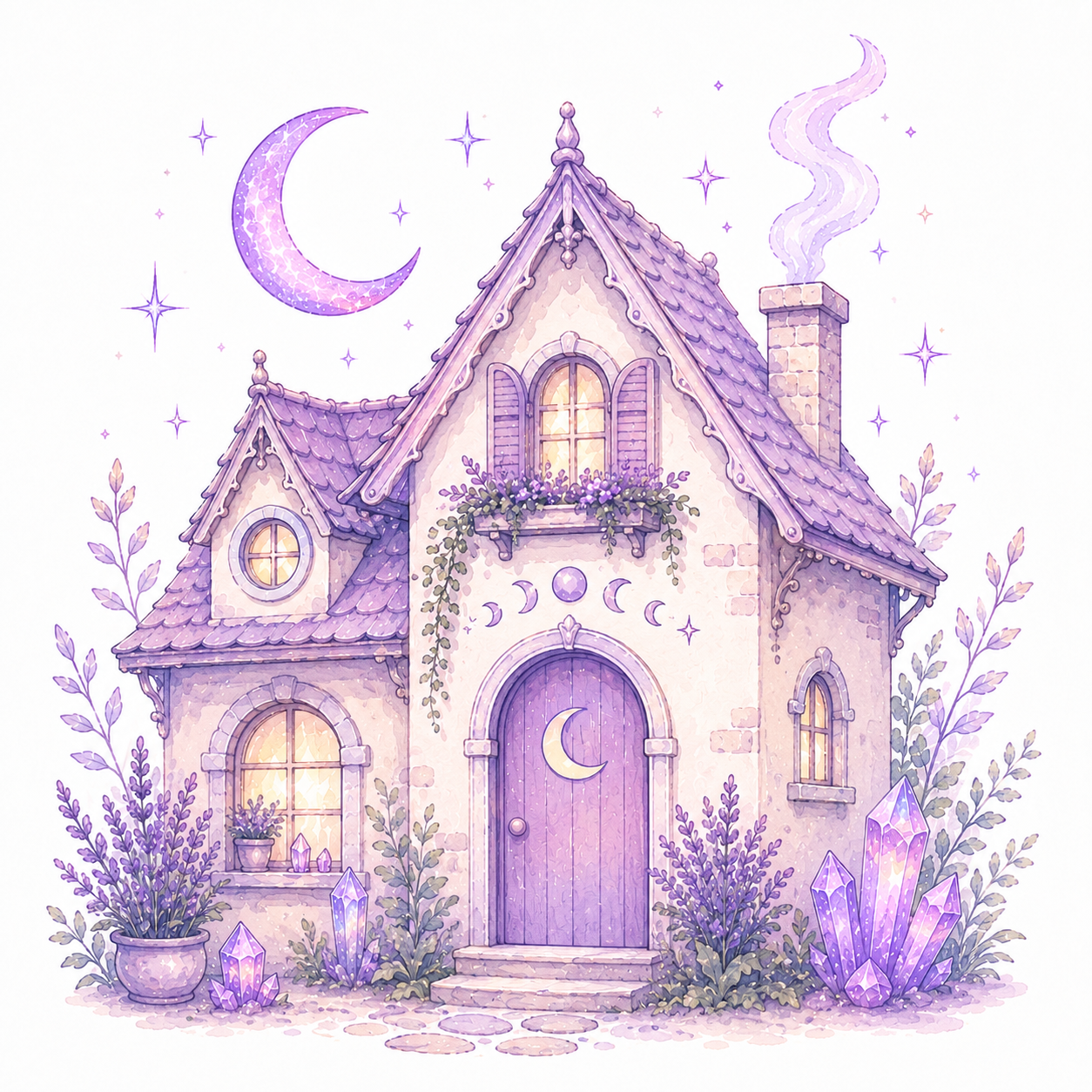 A whimsical illustration of a purple-toned house with a moon and stars motif, surrounded by lavender plants and glowing crystals, with a crescent moon and starry sky in the background.