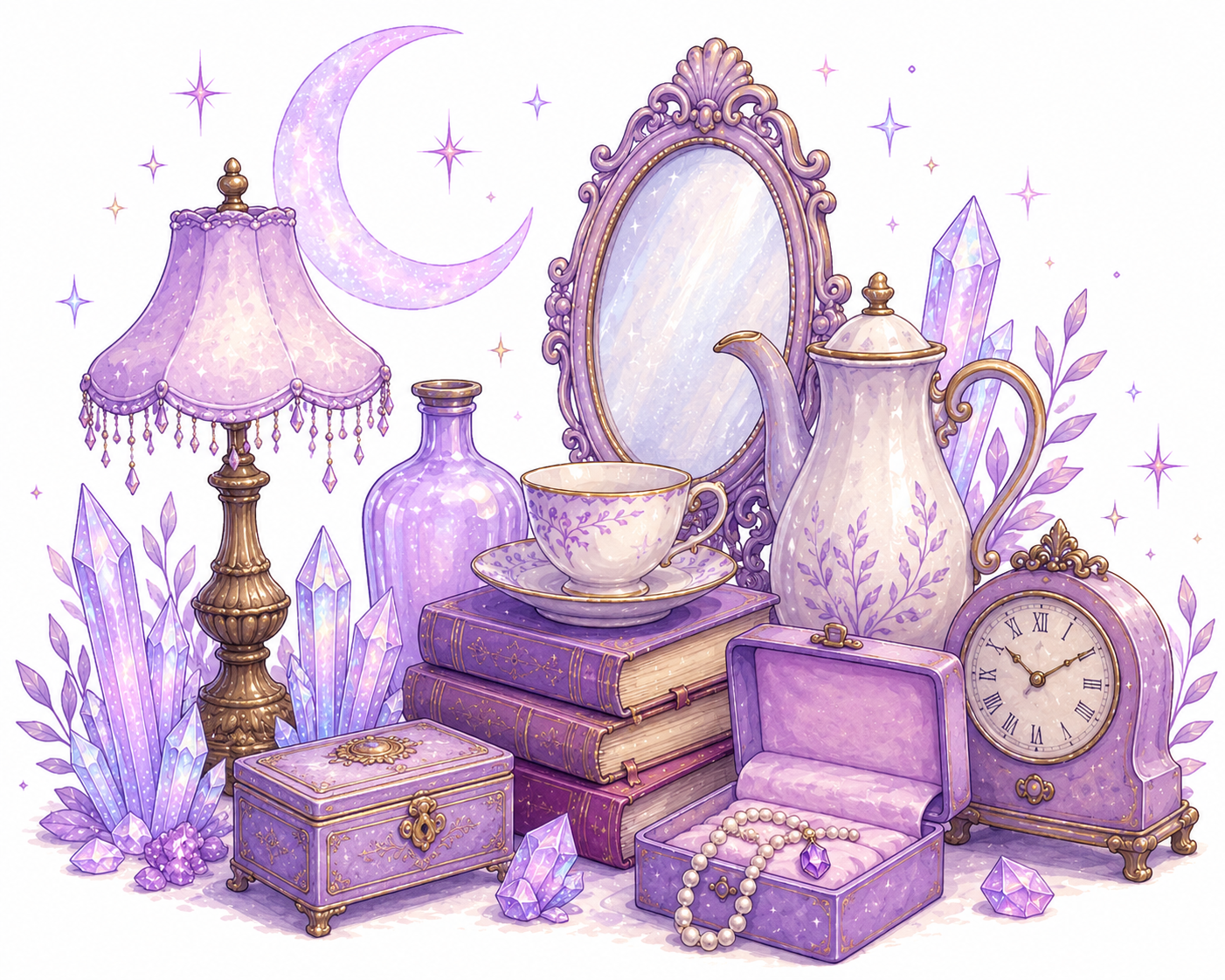 A collection of purple and gold decorative items including a table lamp, a mirror, a teapot, a cup and saucer, a clock, books, jewelry boxes, a bottle, crystals, and a pearl necklace, with a crescent moon and starry background.