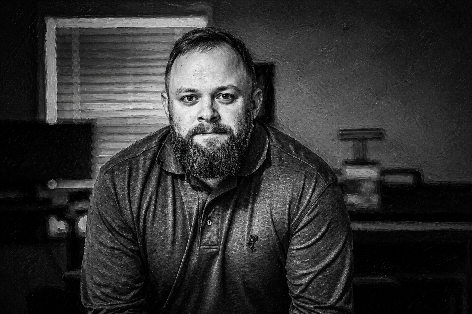 A man with a beard and short hair sitting in a room with blinds in the background. The image is in black and white.
