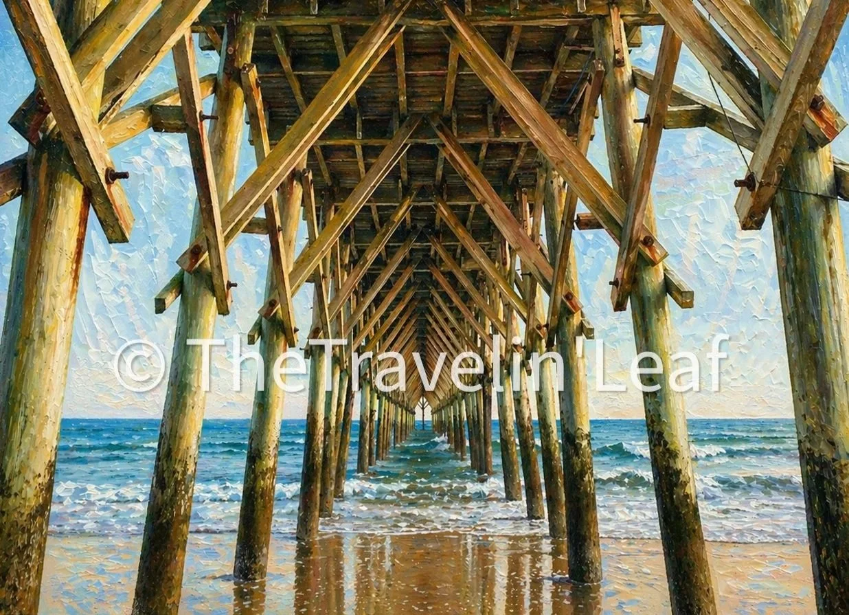 View from underneath a wooden pier extending over the ocean with waves and sandy beach.