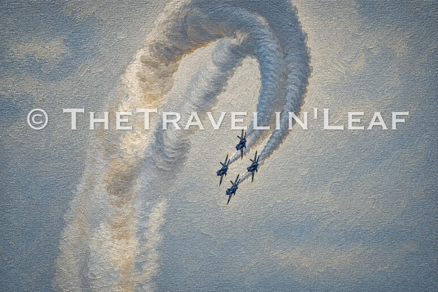 Smoked Diamond by The Travelin’ Leaf Studio Co. featuring the U.S. Navy Blue Angels Diamond Formation emerging from dramatic swirling smoke trails in a one-of-one collectible aviation fine art print.