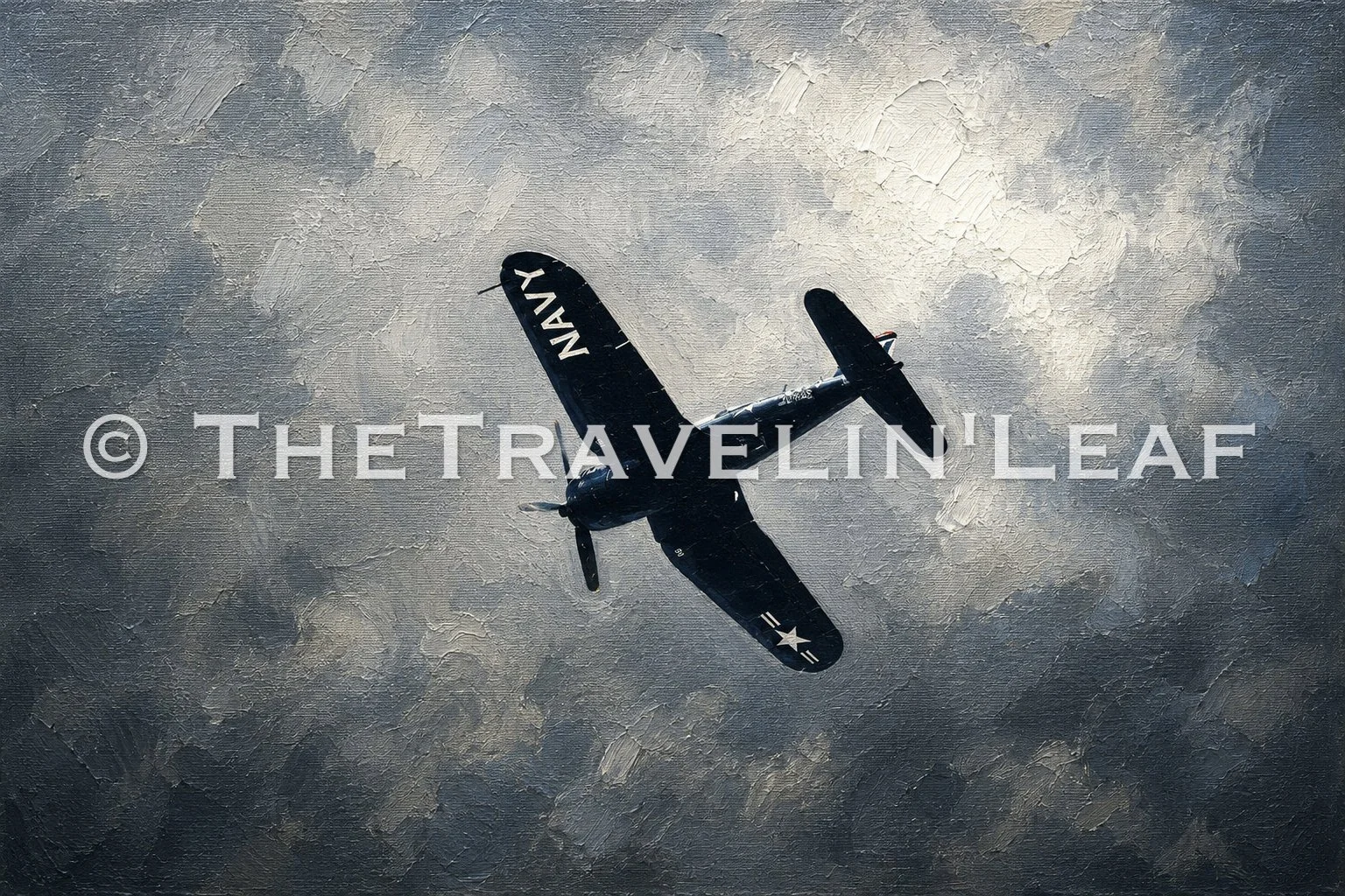 Whistle in the Clouds by The Travelin’ Leaf Studio Co. featuring a Vought F4U Corsair climbing beneath dramatic clouds in a one-of-one collectible World War II aviation fine art print.