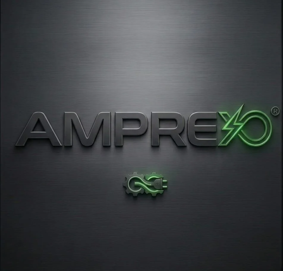 Black background with the word 'AMPREX' in large black letters, a green lightning bolt and circle to the right of the text, and a small green gear with an electrical plug below the text.