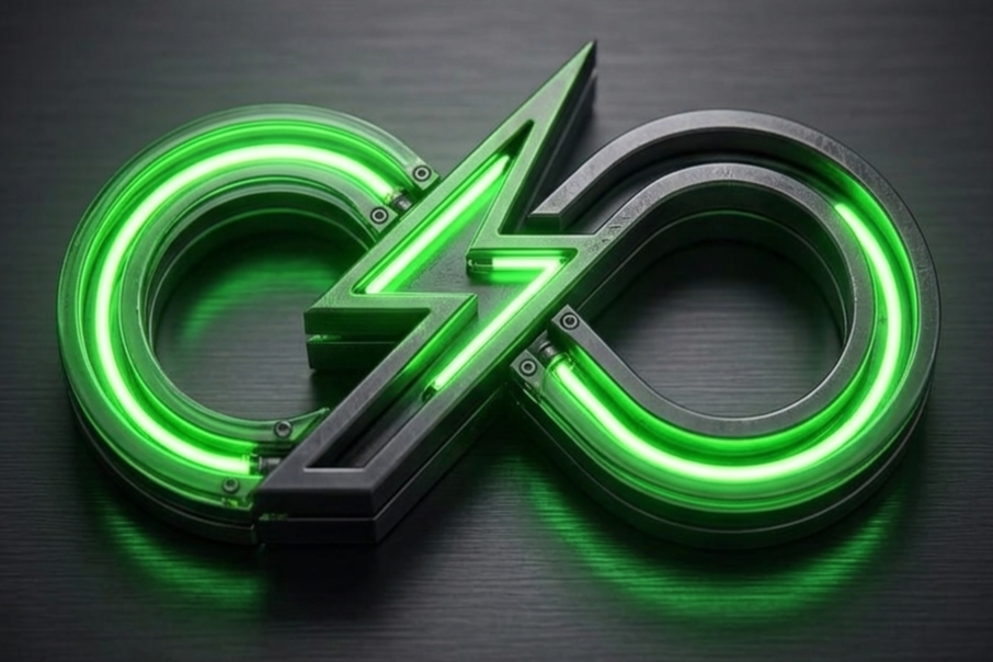 Neon infinity symbol with zigzag arrow in the middle, glowing green on black background.