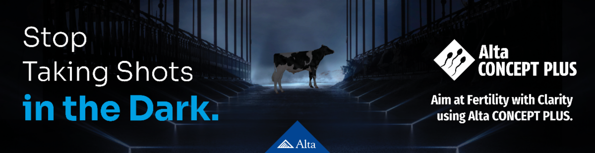 A black and white dairy cow standing in the middle of a dark scene with a glowing blue outline of a bridge in the background and a logo for Alta CONCEPT PLUS in the upper right corner, with text urging to stop taking shots in the dark and aim at fertility with clarity using Alta CONCEPT PLUS.