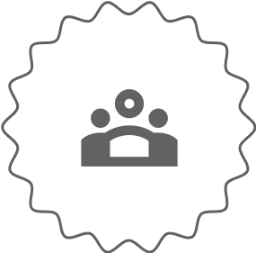 A grayscale icon of a group of three people inside a badge or seal shape.