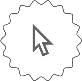 Icon of a computer cursor arrow inside a badge-shaped outline.