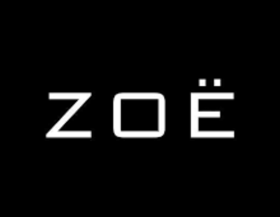 Black background with the white text 'zoë' in lowercase.