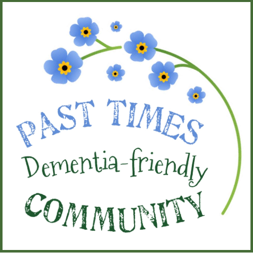 Graphic with blue flowers, green and blue text reading "Past Times Dementia-friendly Community".