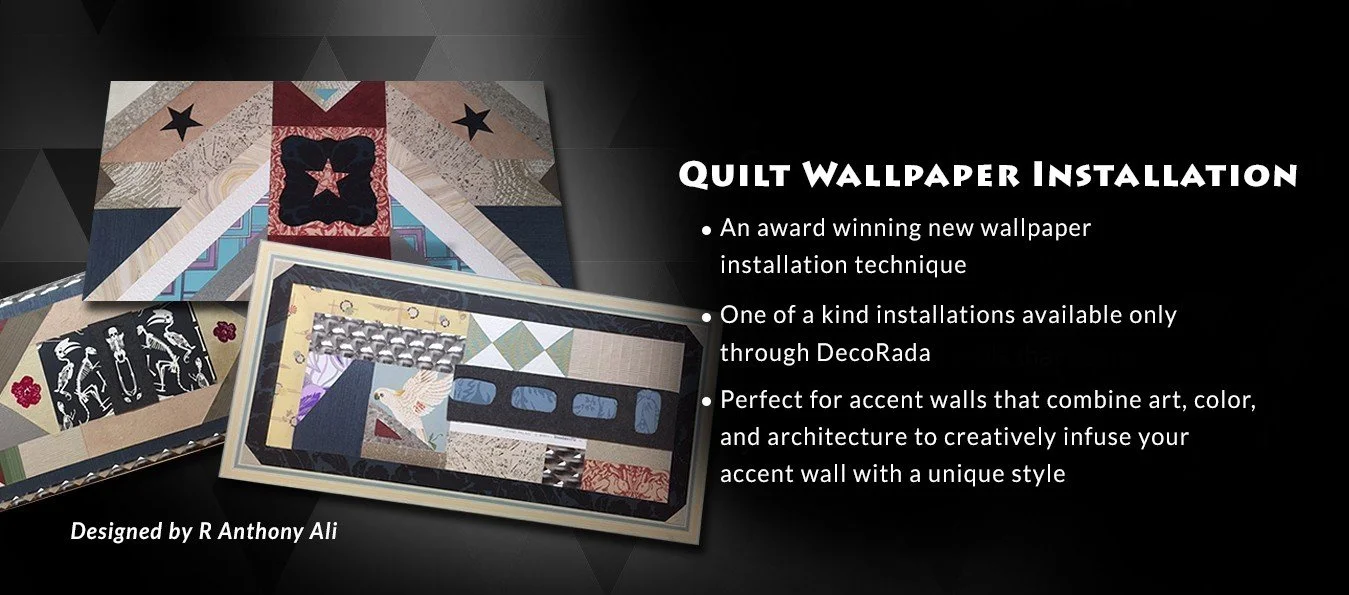 Display of quilt patterns and wallpaper samples with text describing quilt wallpaper installation, designed by R Anthony Ali.