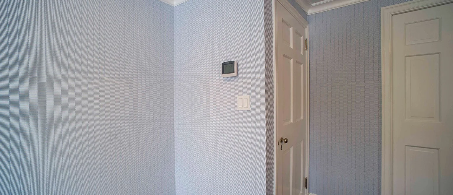 Interior room corner with a closed white door, part of a white wall, a wall thermostat, a light switch, and a light blue wall with subtle vertical stripe pattern.